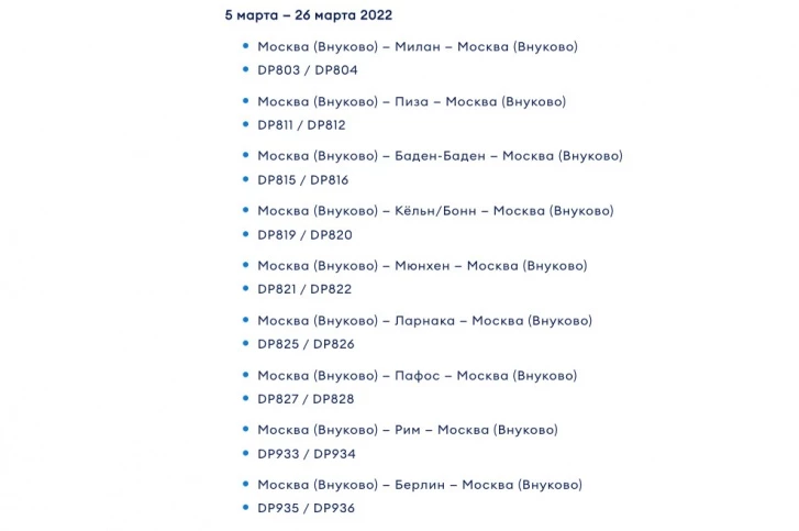Список отмененных международных рейсов на сайте «Победы» / Фото: Pobeda.aero
