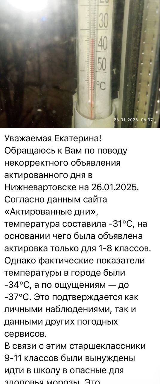 Школьники из Нижневартовска жалуются Мизулиной на некорректные актировки во время опасных морозов