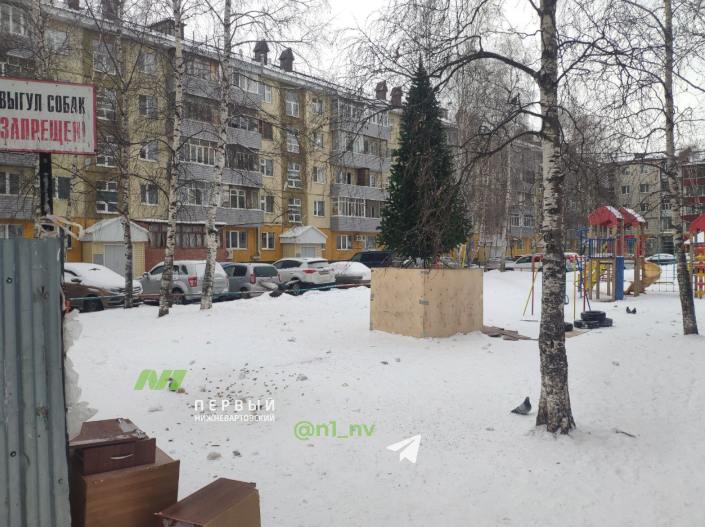 В Нижневартовске коммунальщики установили новогоднюю елку рядом с помойкой