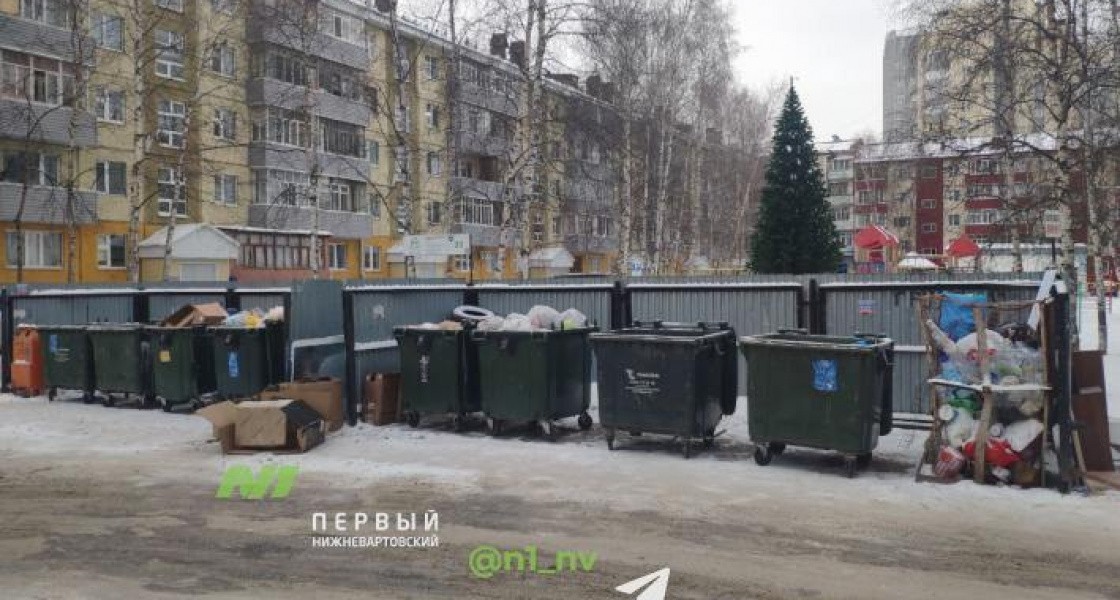 В Нижневартовске коммунальщики установили новогоднюю елку рядом с помойкой